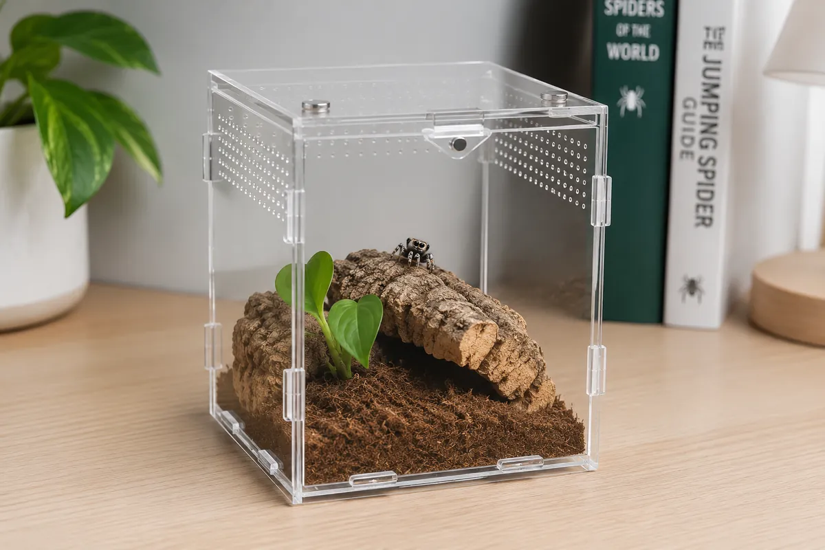 A simple jumping spider habitat in a clear acrylic enclosure on a shelf