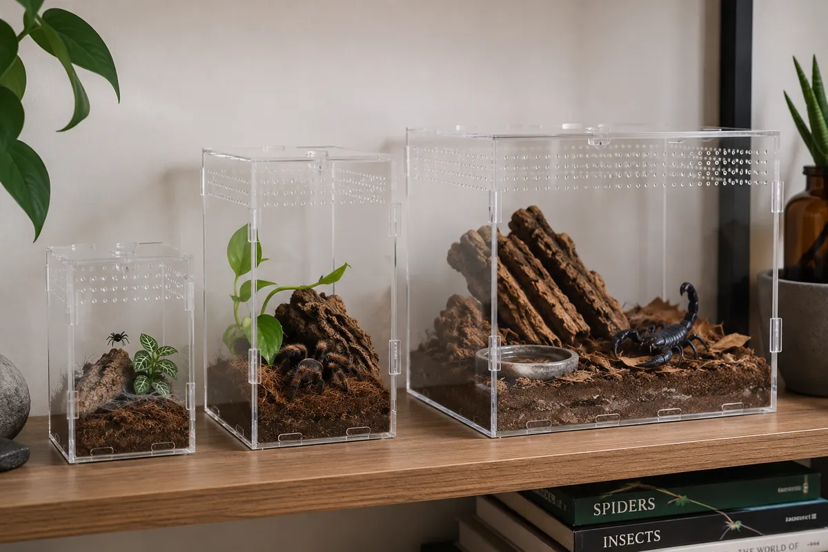 Several clear acrylic invertebrate enclosures of different sizes on a shelf