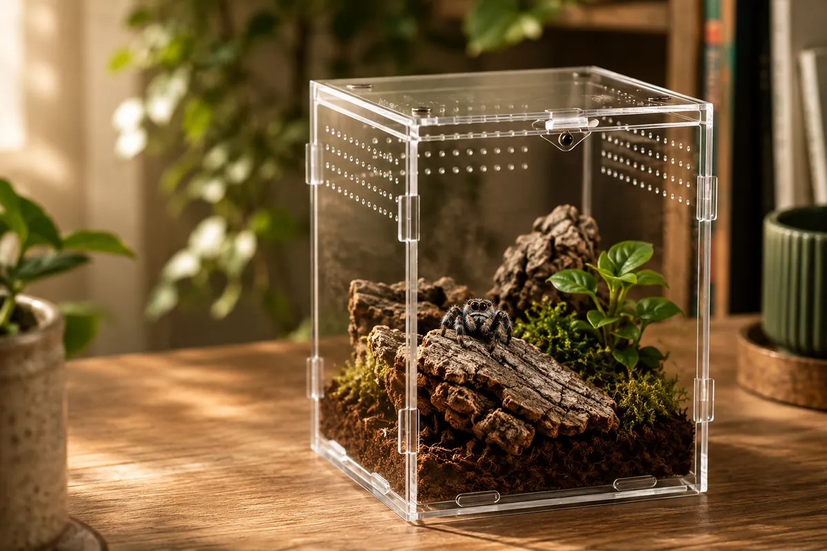 A fully set-up jumping spider terrarium with cork bark, moss and a plant