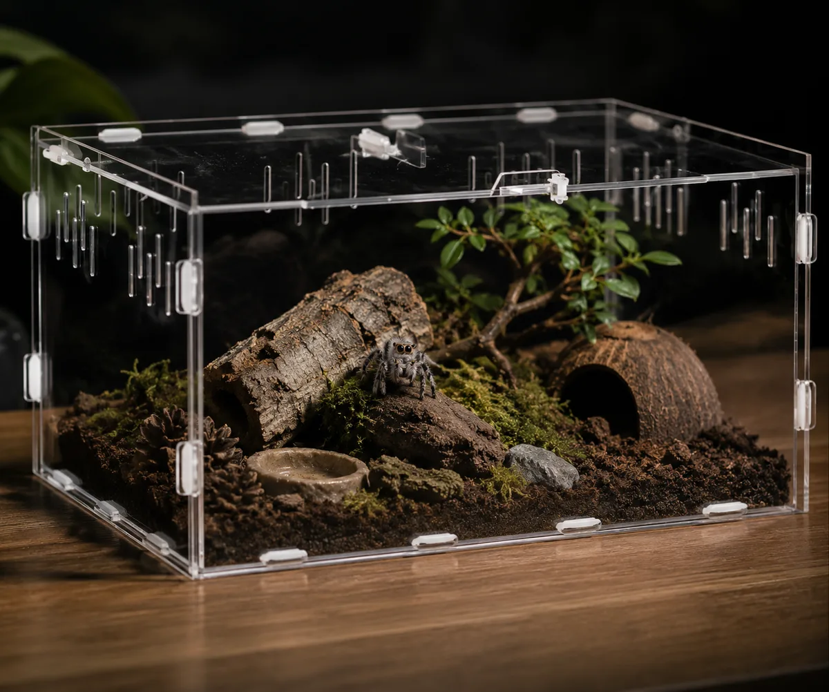 ArachNest acrylic spider tank decorated with wood, moss, and a coconut hide on a wood surface