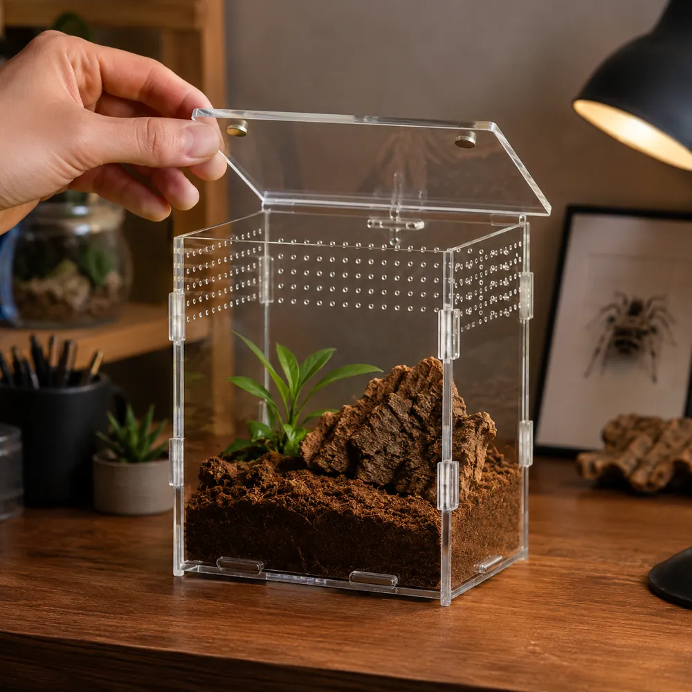 A hand lifting the clear acrylic magnetic lid of a set-up ArachNest enclosure to test one-handed access