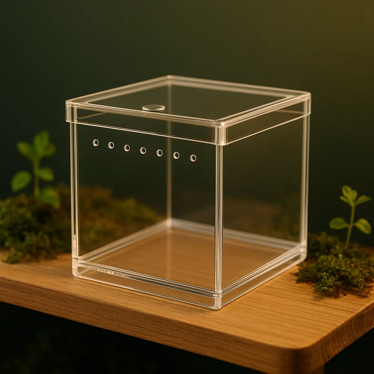 ArachNest acrylic jumping spider enclosure with magnetic lid on a wood surface
