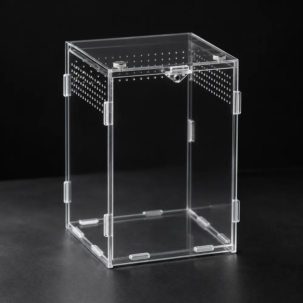 Empty ArachNest acrylic enclosure, three-quarter view