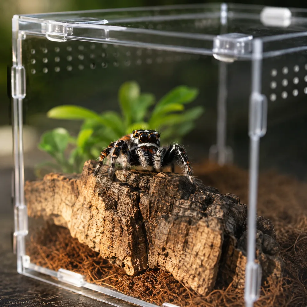 A regal jumping spider perched on cork bark inside the crystal-clear ArachNest acrylic enclosure