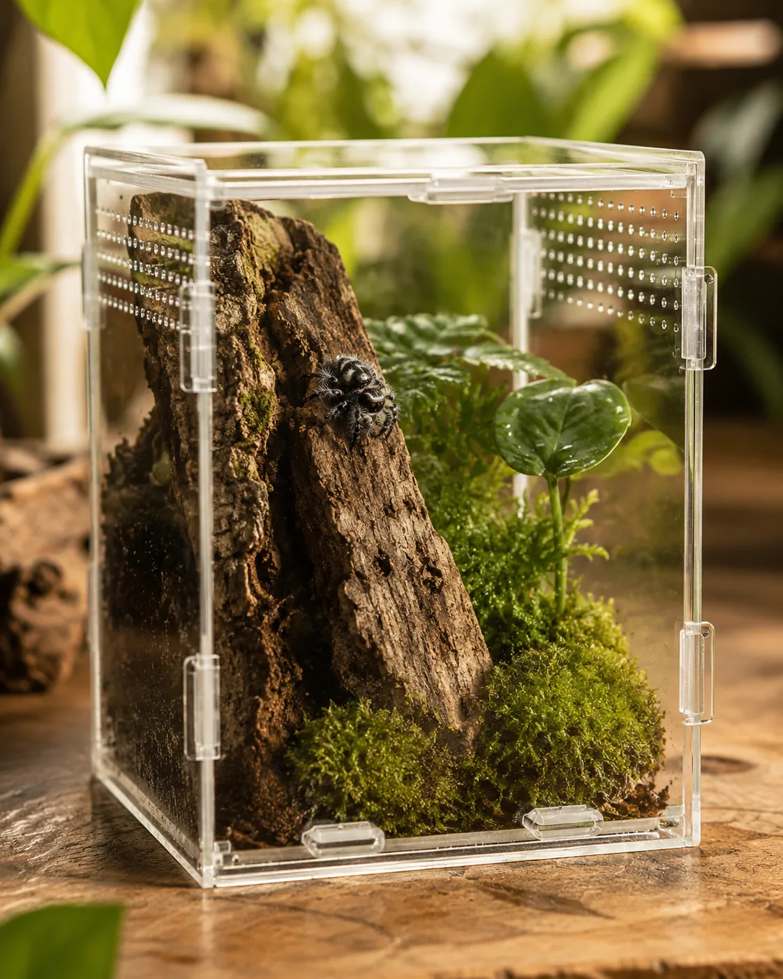 A jumping spider on a bark slab inside a clear acrylic enclosure planted with moss and a small leafy sprout, warm daylight and houseplants blurred behind