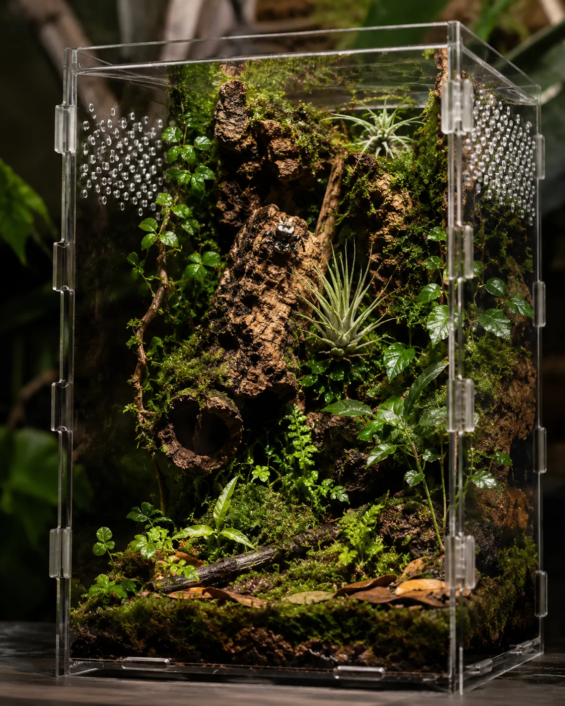 A tall acrylic enclosure with a lush bioactive setup of ferns, moss, trailing vines, cork bark and two air plants, a jumping spider on the cork, shot against a dark background