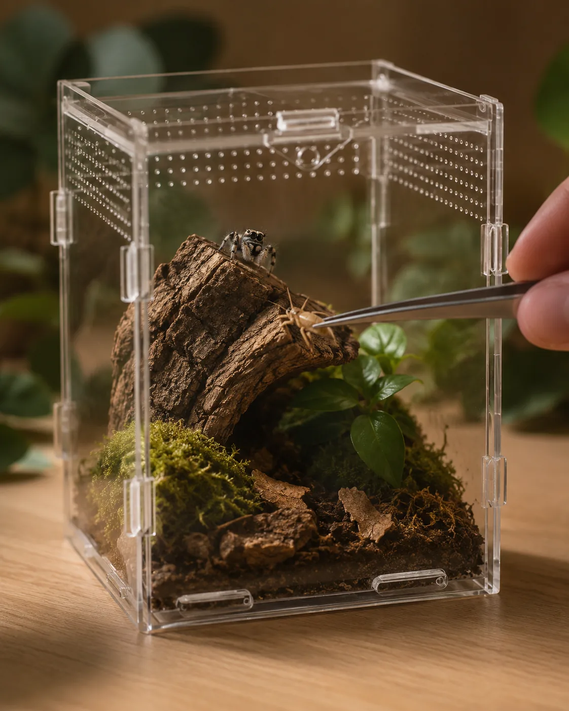 A jumping spider on cork bark inside a clear acrylic enclosure being offered a cricket on feeding tongs