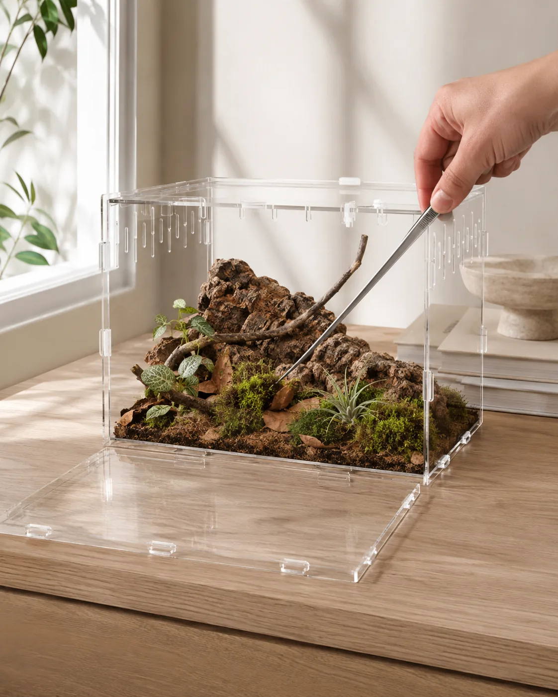 A hand lowers long feeding tongs through the open top of a planted acrylic enclosure furnished with cork bark, moss and small plants