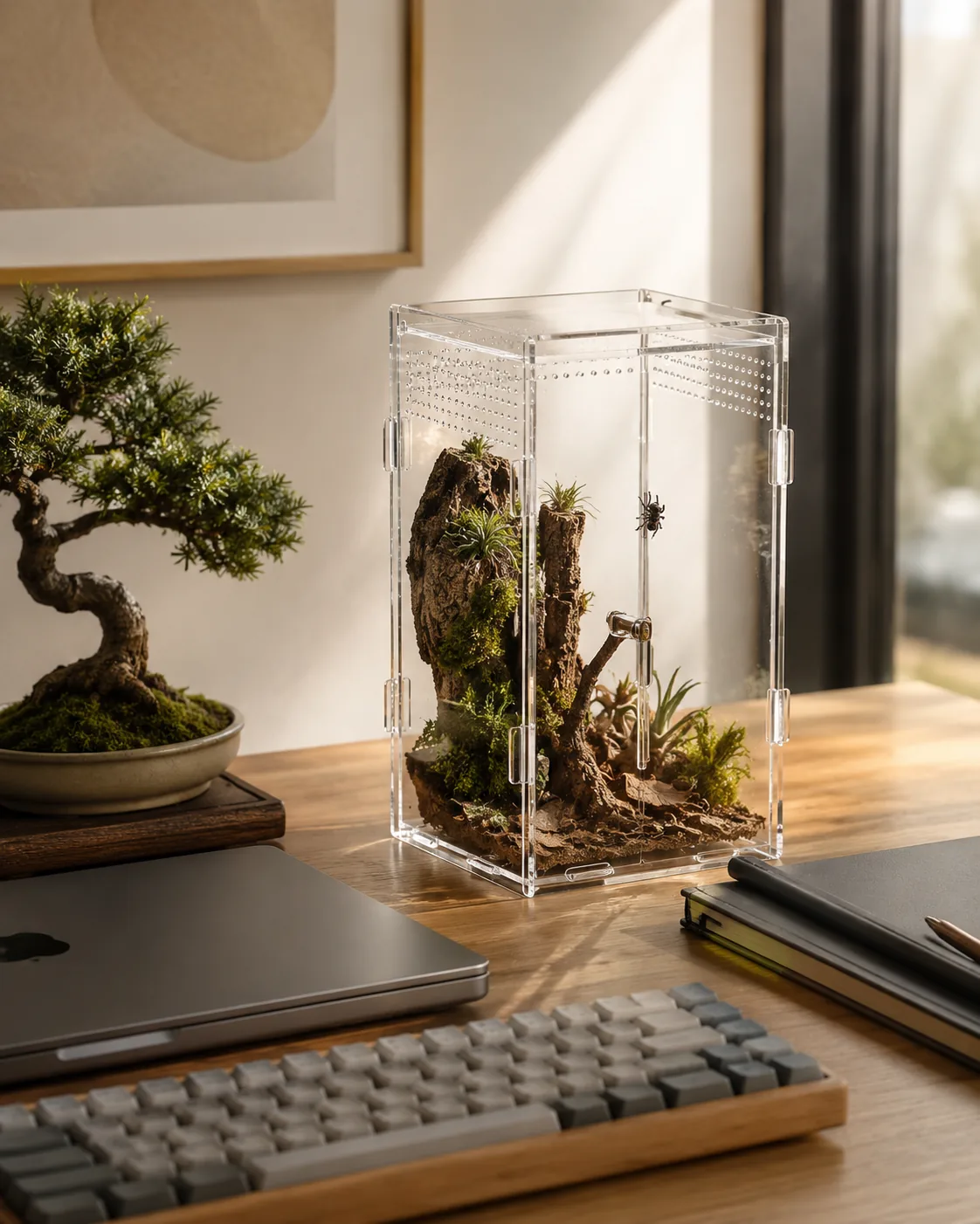 A tall planted jumping spider terrarium on a wooden desk beside a bonsai tree, a closed laptop and a gray mechanical keyboard, with cork bark, moss and air plants inside
