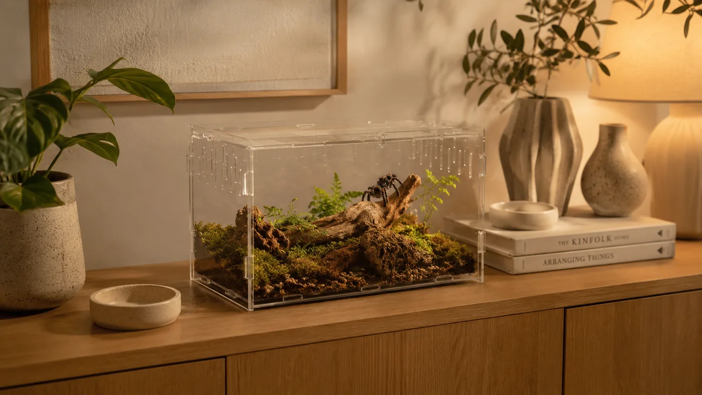 A low, wide acrylic enclosure planted with moss, a fern and driftwood with a jumping spider on the wood, sitting on a wood sideboard beside a potted plant, ceramic bowls, books and a warm lamp