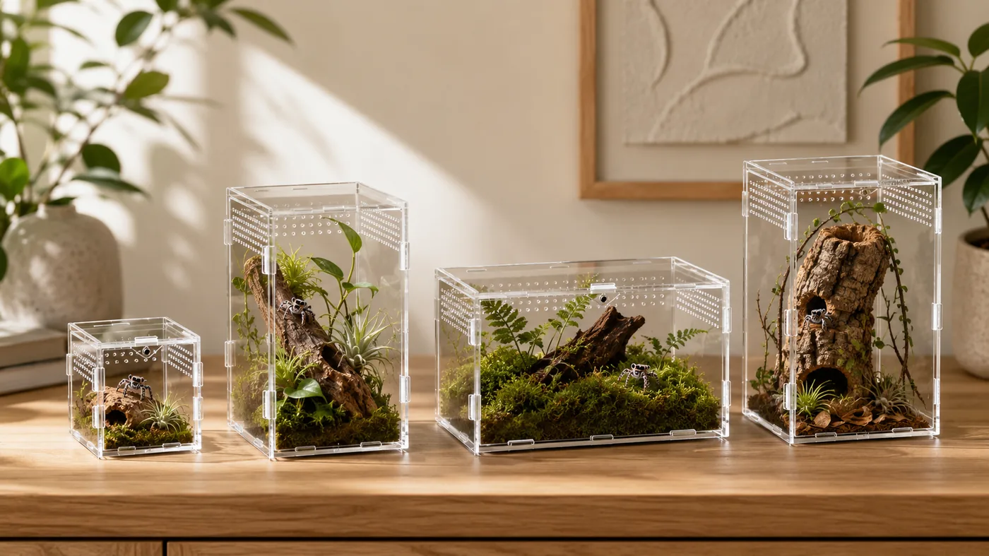 Four ArachNest acrylic enclosures in increasing sizes lined up on a wooden table, each with a bioactive cork-and-moss setup and a jumping spider